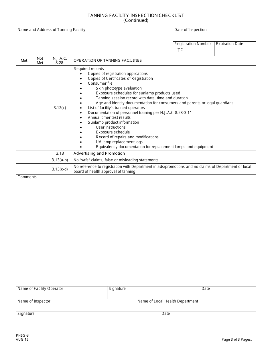 Form PHSS-3 Tanning Facility Inspection Checklist - New Jersey, Page 3