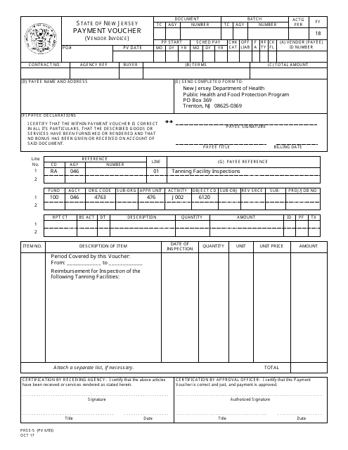 Form PHSS-5 Payment Voucher (Vendor Invoice) - New Jersey