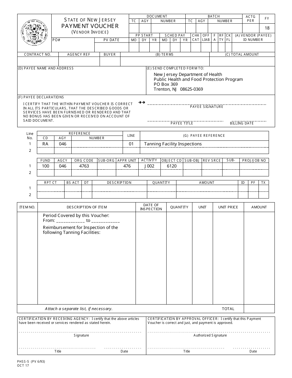 Form PHSS-5 Payment Voucher (Vendor Invoice) - New Jersey, Page 1