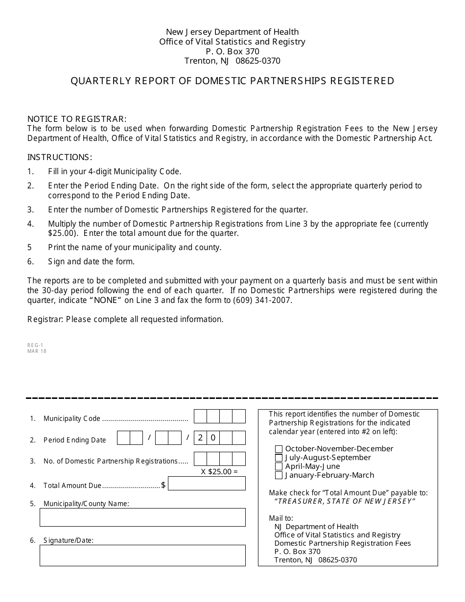 Form REG-1 Quarterly Report of Domestic Partnerships Registered - New Jersey, Page 1