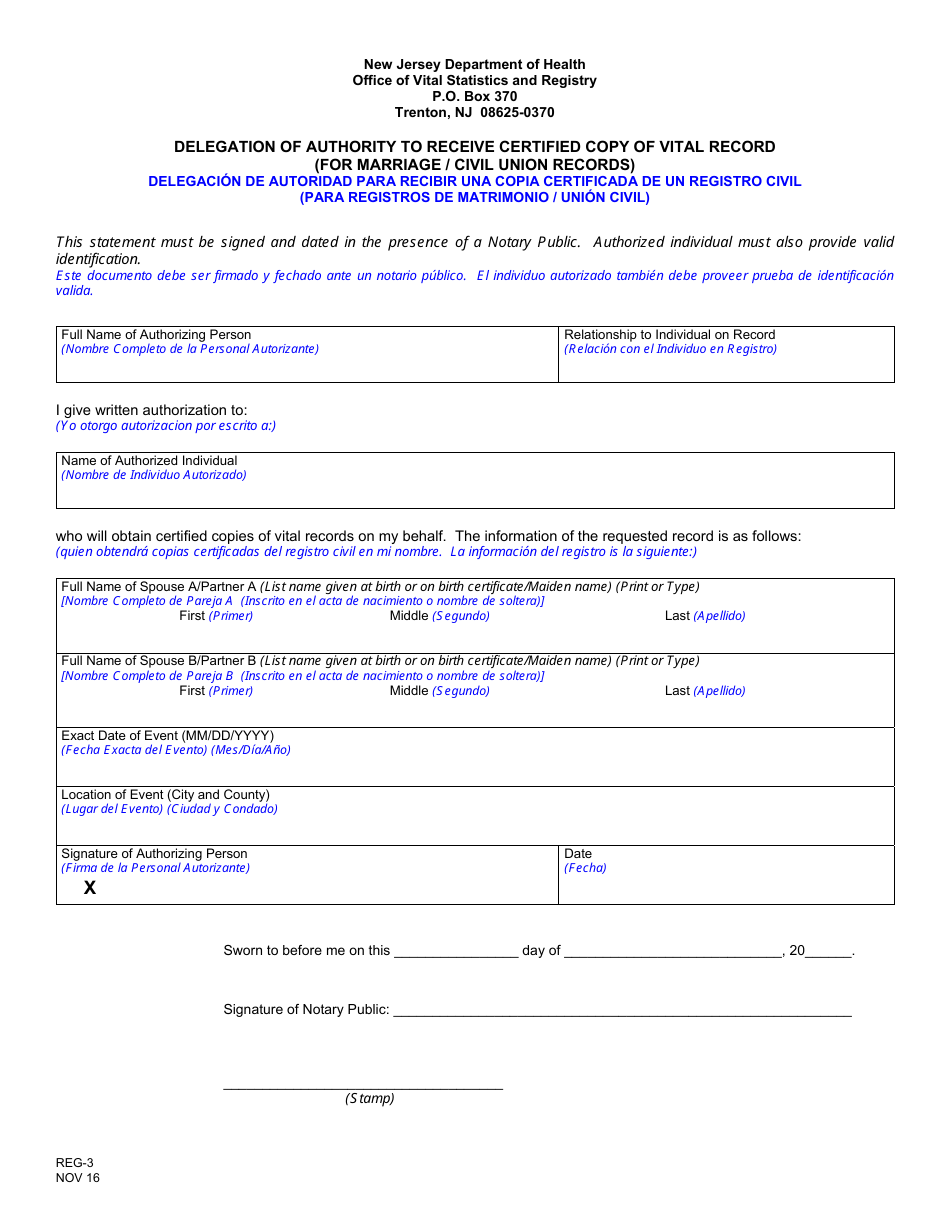 Form REG-3 Delegation of Authority to Receive Certified Copy of Vital Record (Marriage / Civil Union) - New Jersey (English / Spanish), Page 1
