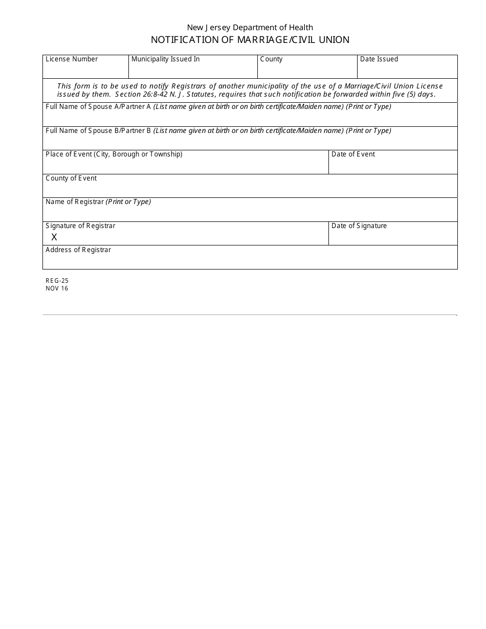 Form REG-25 Notification of Marriage / Civil Union - New Jersey, Page 1