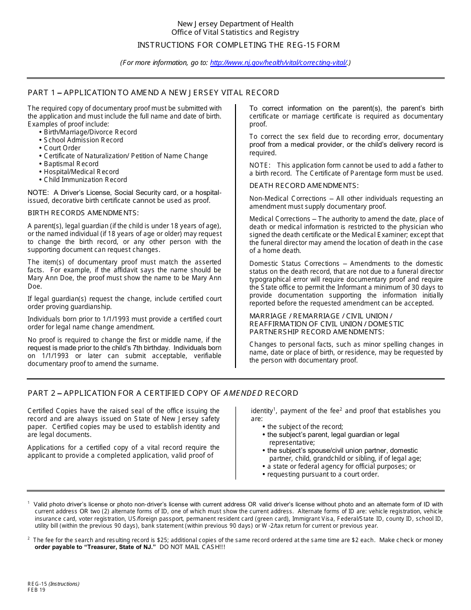 Form REG-15 Application to Amend a New Jersey Vital Record / Application for a Certified Copy of Amended Record - New Jersey, Page 1