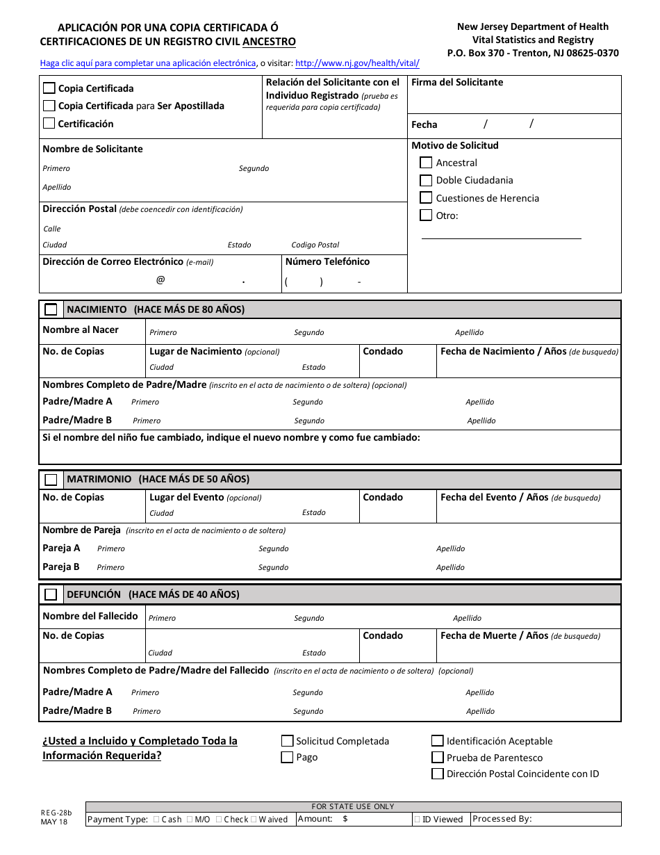 Formulario REG-28B Aplicacion Por Una Copia Certificada O Certificaciones De Un Registro Civil Ancestro - New Jersey (Spanish), Page 1