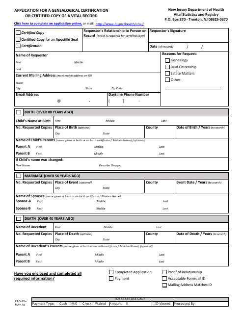 Form REG-28A Application for a Genealogical Certification or Certified Copy of a Vital Record - New Jersey