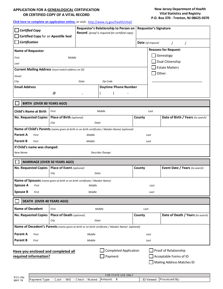 Form REG-28A Application for a Genealogical Certification or Certified Copy of a Vital Record - New Jersey, Page 1