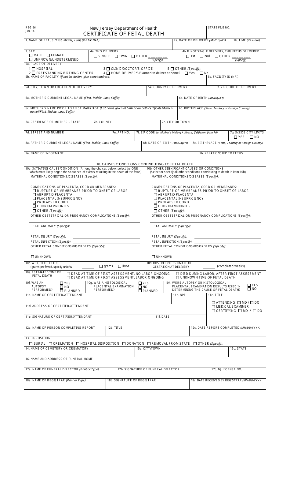 Form REG-26 Certificate of Fetal Death - New Jersey, Page 1