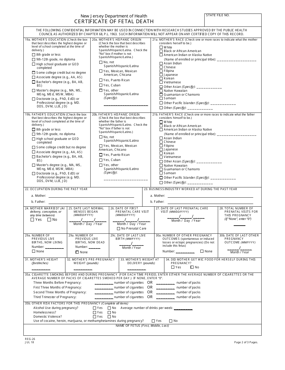 Form REG-26 Certificate of Fetal Death - New Jersey, Page 2
