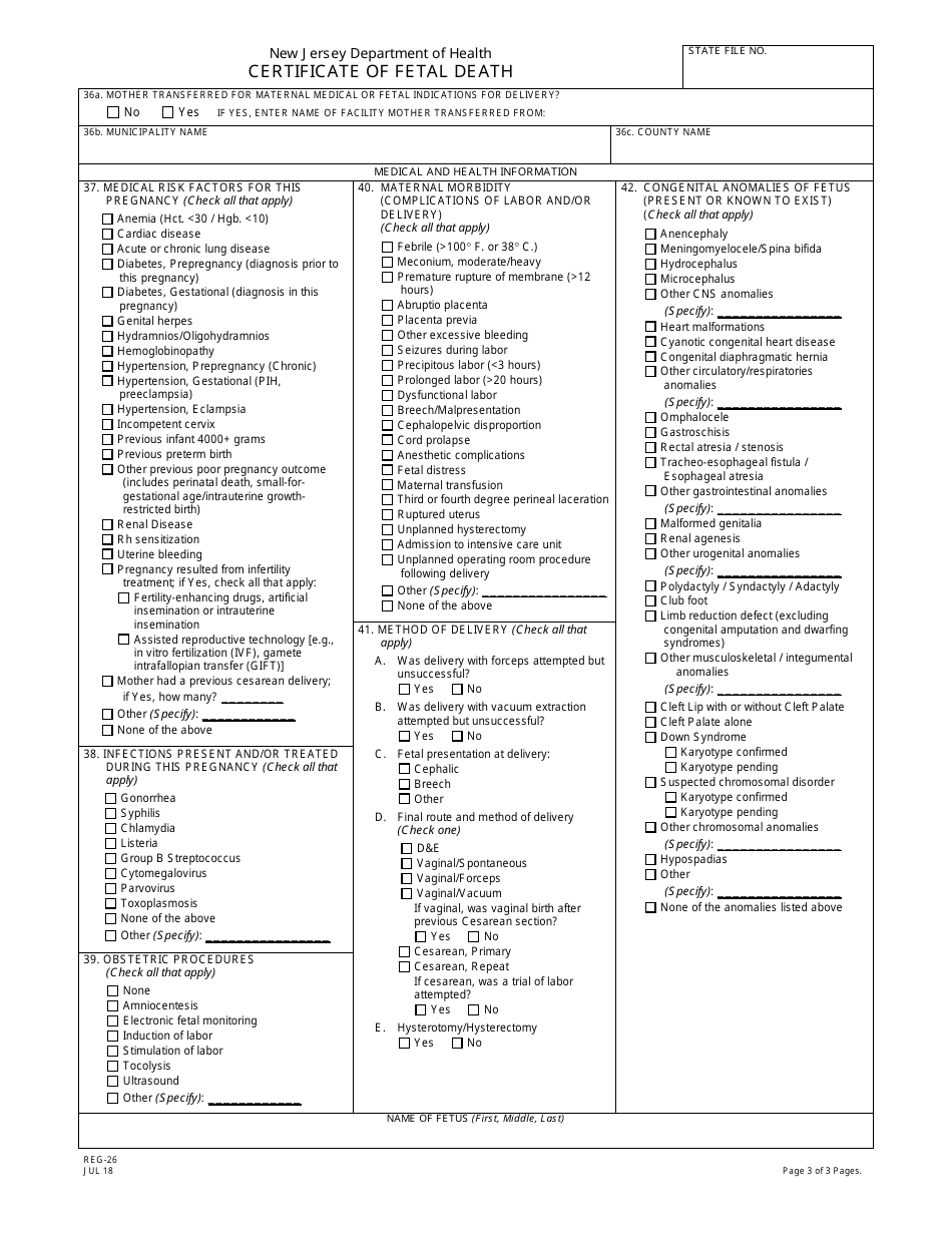 Form REG-26 Certificate of Fetal Death - New Jersey, Page 3