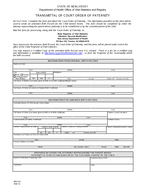 Form REG-43 Transmittal of Court Order of Paternity - New Jersey