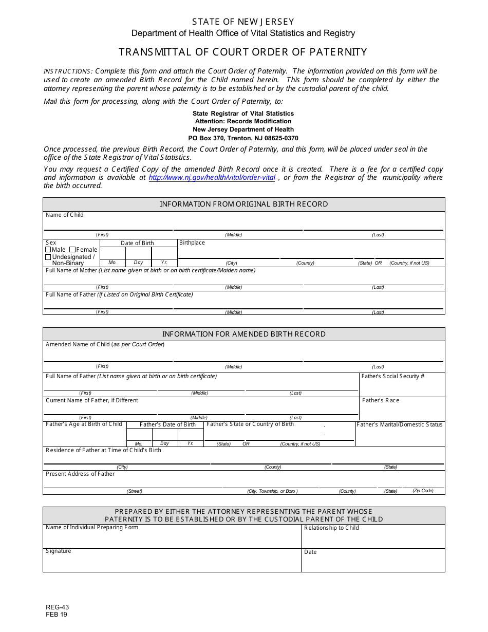 Form REG-43 Transmittal of Court Order of Paternity - New Jersey, Page 1