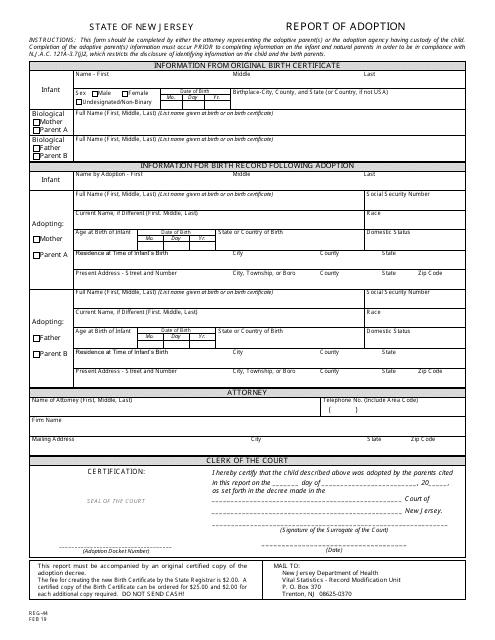 Form REG-44 Report of Adoption - New Jersey