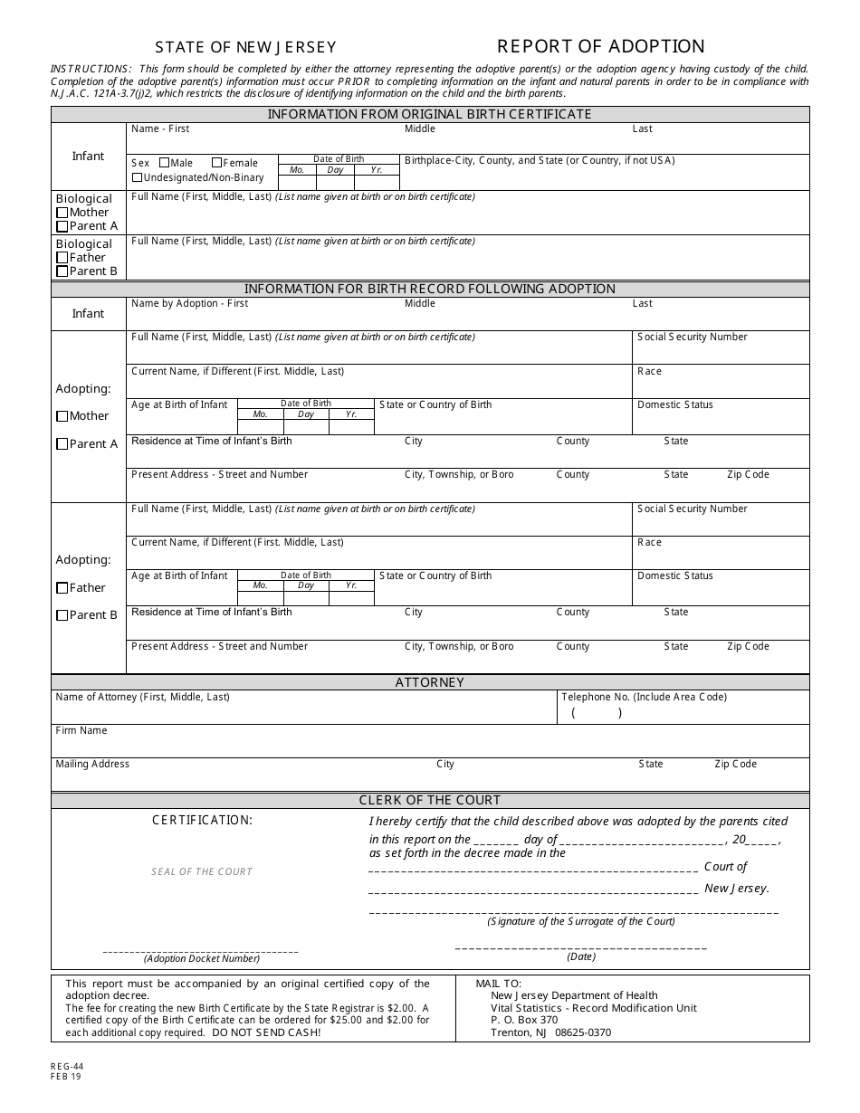 Form REG-44 Report of Adoption - New Jersey, Page 1