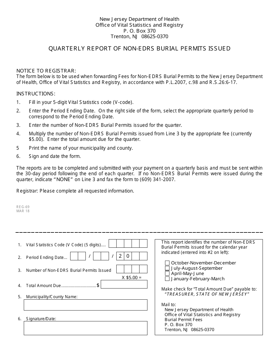 Form REG-69 Quarterly Report of Non-edrs Burial Permits Issued - New Jersey, Page 1