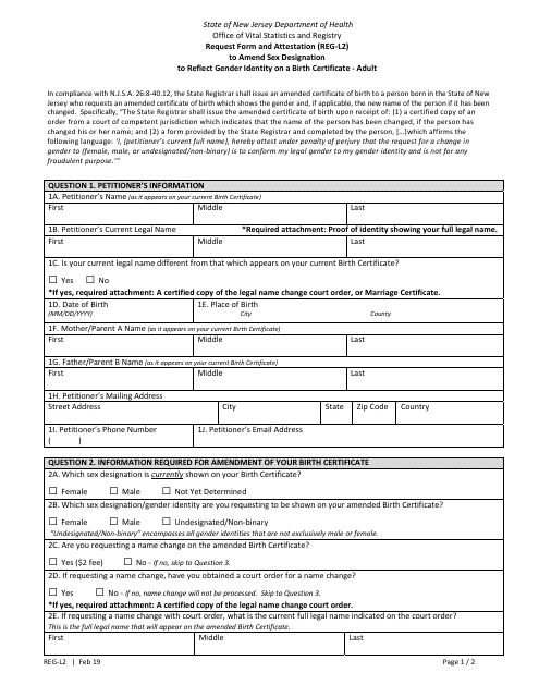Form REG-L2 Request Form and Attestation to Amend Sex Designation to Reflect Gender Identity on a Birth Certificate - Adult - New Jersey