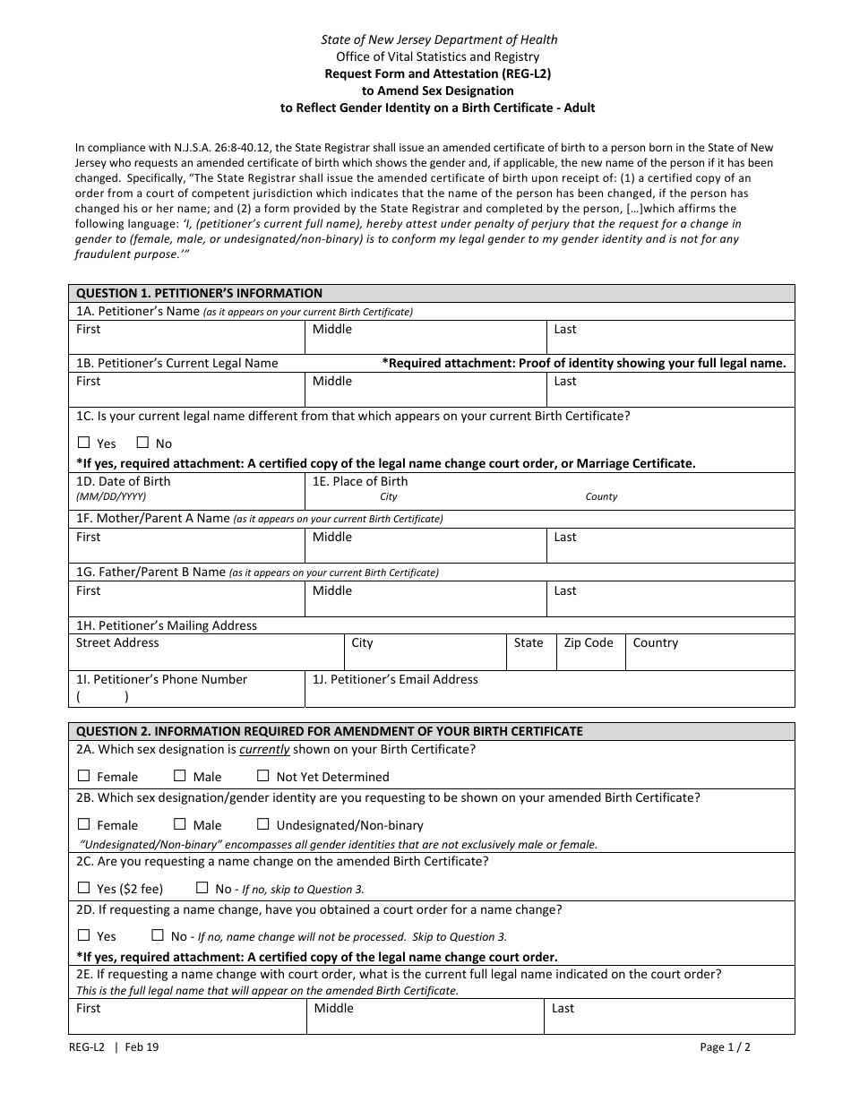 Form REG-L2 Request Form and Attestation to Amend Sex Designation to Reflect Gender Identity on a Birth Certificate - Adult - New Jersey, Page 1