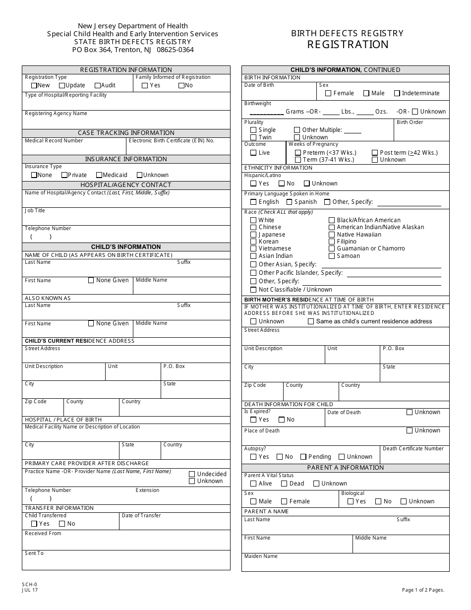 Form SCH-0 Special Child Health Services Registration - New Jersey, Page 1