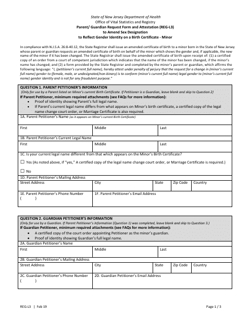 Form REG-L3 Parent/ Guardian Request Form and Attestation to Amend Sex Designation to Reflect Gender Identity on a Birth Certificate - Minor - New Jersey