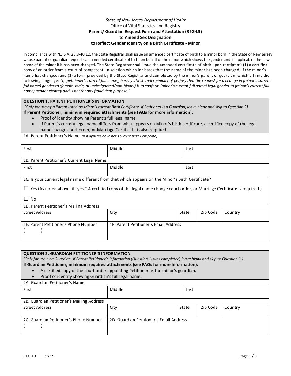 Form REG-L3 Parent / Guardian Request Form and Attestation to Amend Sex Designation to Reflect Gender Identity on a Birth Certificate - Minor - New Jersey, Page 1