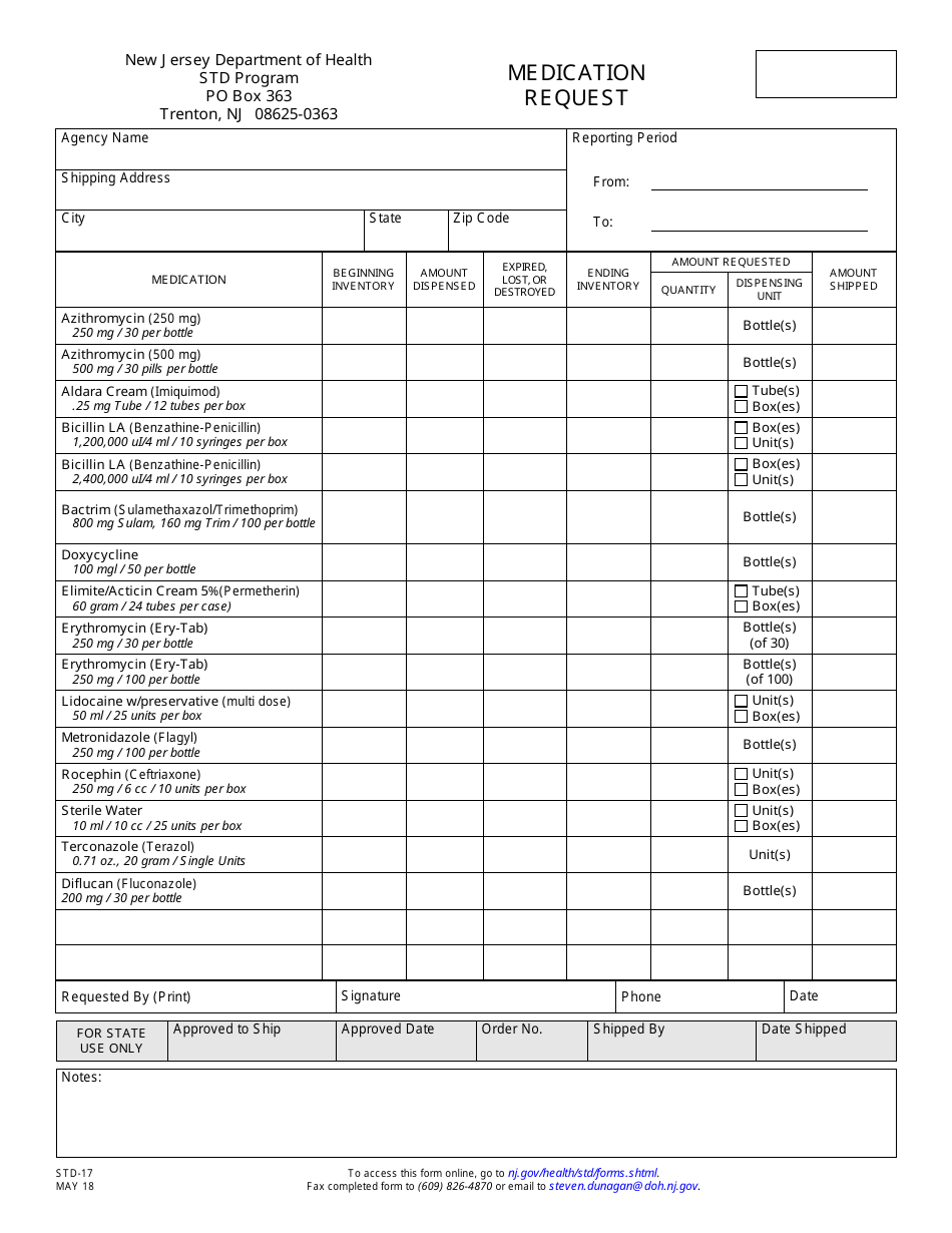 Form STD-17 Medication Request - New Jersey, Page 1