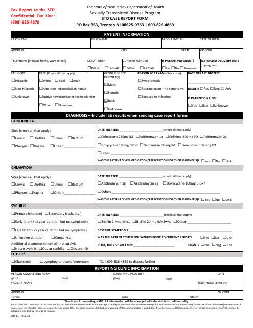 Form STD-11 Std Case Report Form - New Jersey