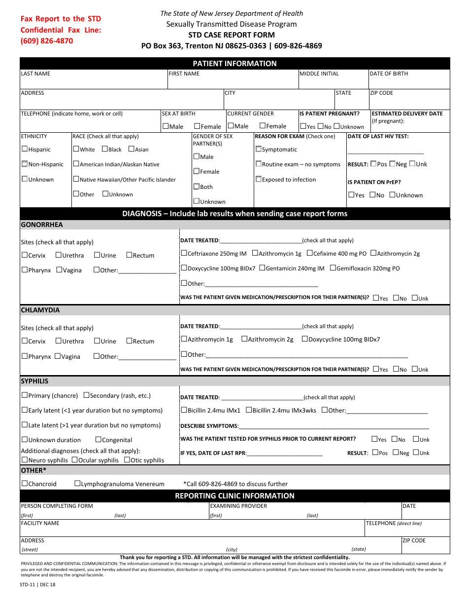 Form STD-11 Std Case Report Form - New Jersey, Page 1