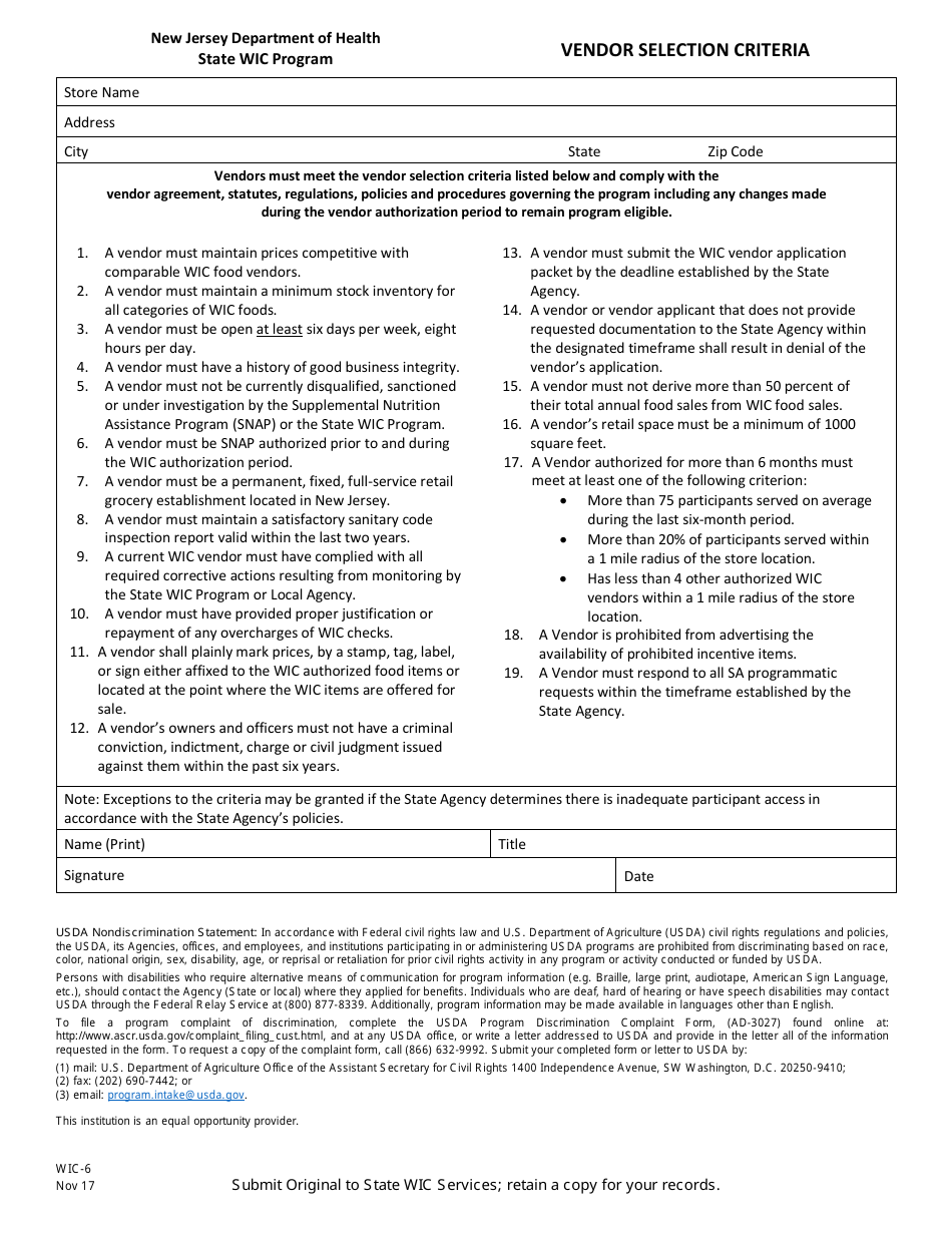 Form WIC-6 Wic Vendor Selection Criteria - New Jersey, Page 1