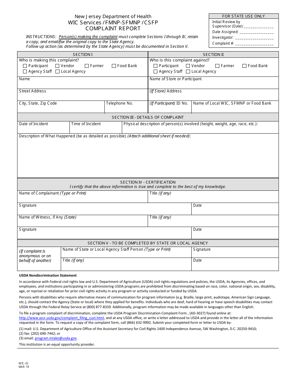 Form WIC-32 Wic Services / Fmnp-Sfmnp / Csfp Complaint Report - New Jersey, Page 1
