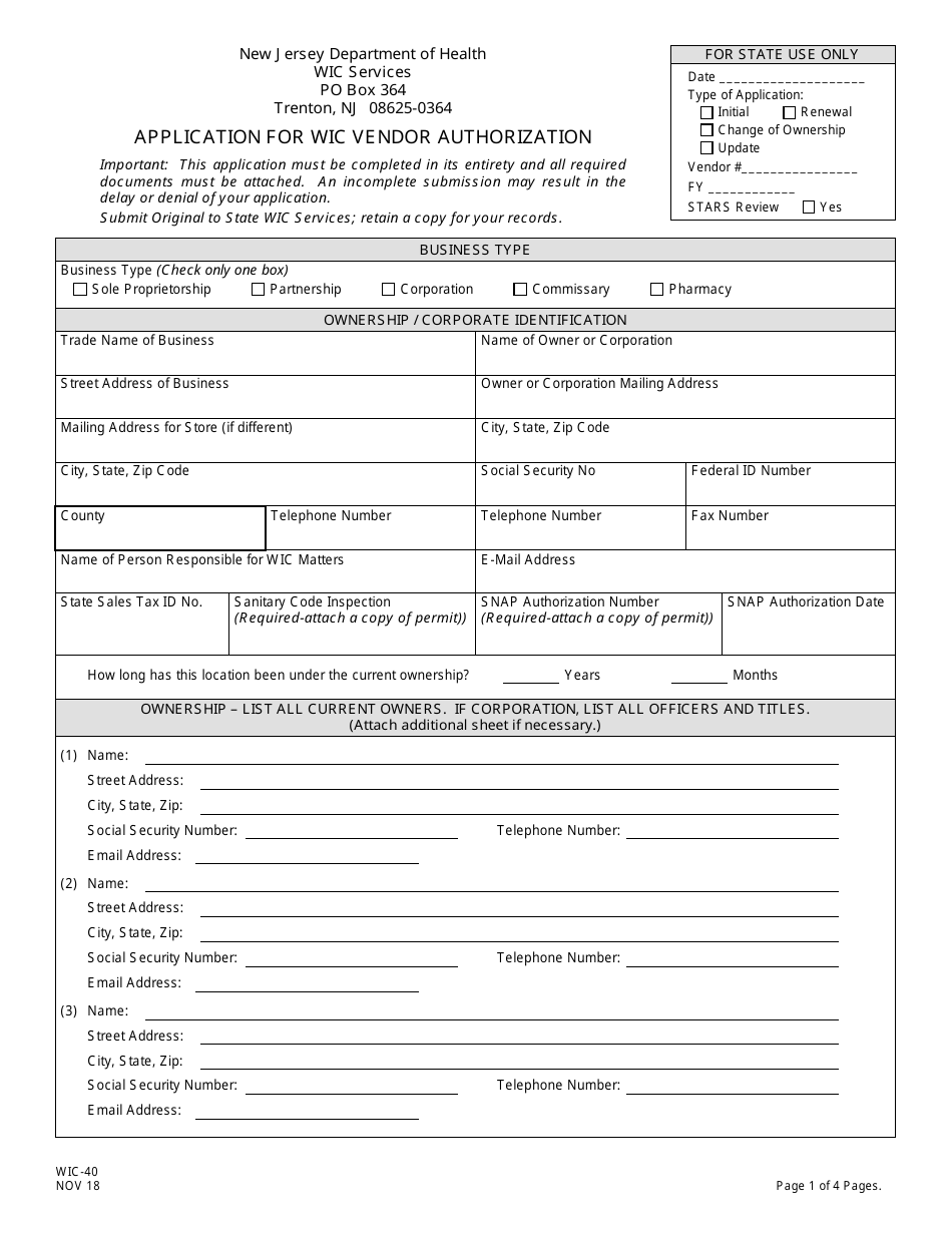 Form WIC-40 Application for Wic Vendor Authorization - New Jersey, Page 1