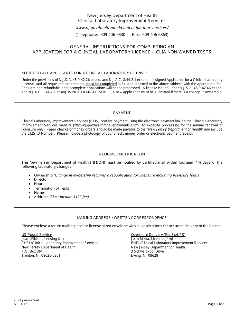 Instructions for Form CL-3 Application for a Clinical Laboratory License (Onsite Testing Only) - New Jersey, Page 1
