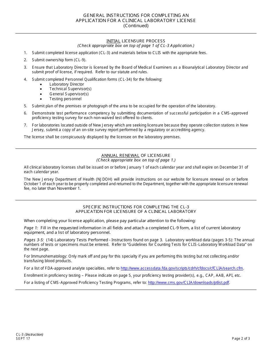 Instructions for Form CL-3 Application for a Clinical Laboratory License (Onsite Testing Only) - New Jersey, Page 2