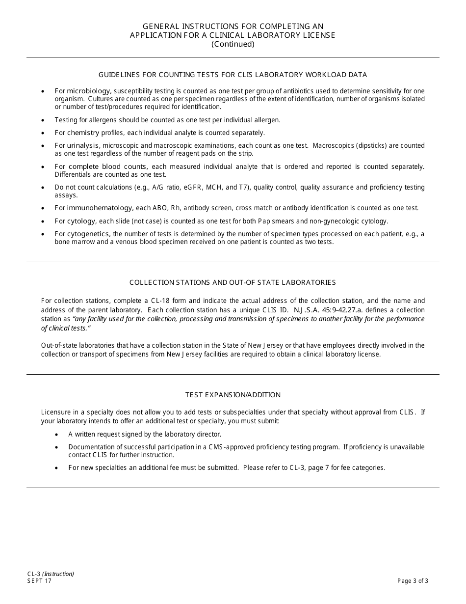 Instructions for Form CL-3 Application for a Clinical Laboratory License (Onsite Testing Only) - New Jersey, Page 3