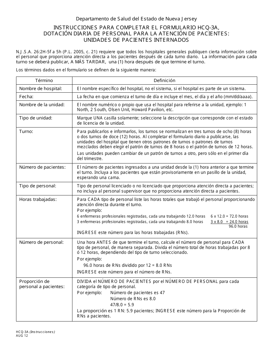 Instrucciones para Formulario HCQ-3A Dotacion Diaria De Personal Para La Atencion De Pacientes: Unidades De Pacientes Internados - New Jersey (Spanish), Page 1
