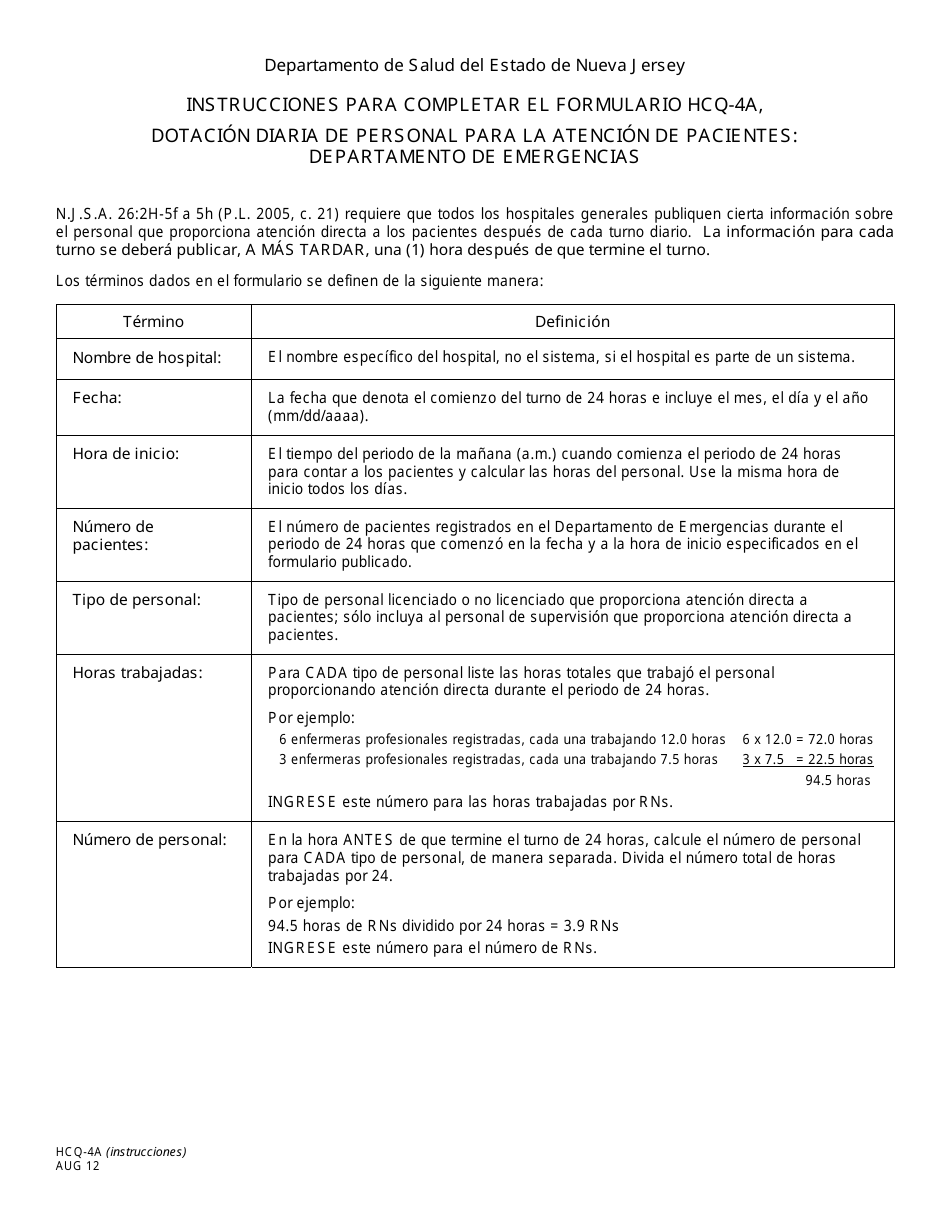 Instrucciones para Formulario HCQ-4A Dotacion Diaria De Personal Para La Atencion De Pacientes: Departamento De Emergencias - New Jersey (Spanish), Page 1