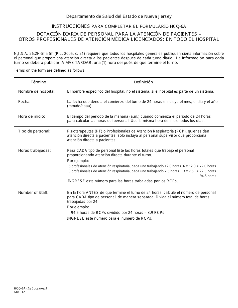 Instrucciones para Formulario HCQ-6A Dotacion Diaria De Personal Para La Atencion De Pacientes - Otros Profesionales De Atencion Medica Licenciados: En Todo El Hospital - New Jersey (Spanish), Page 1