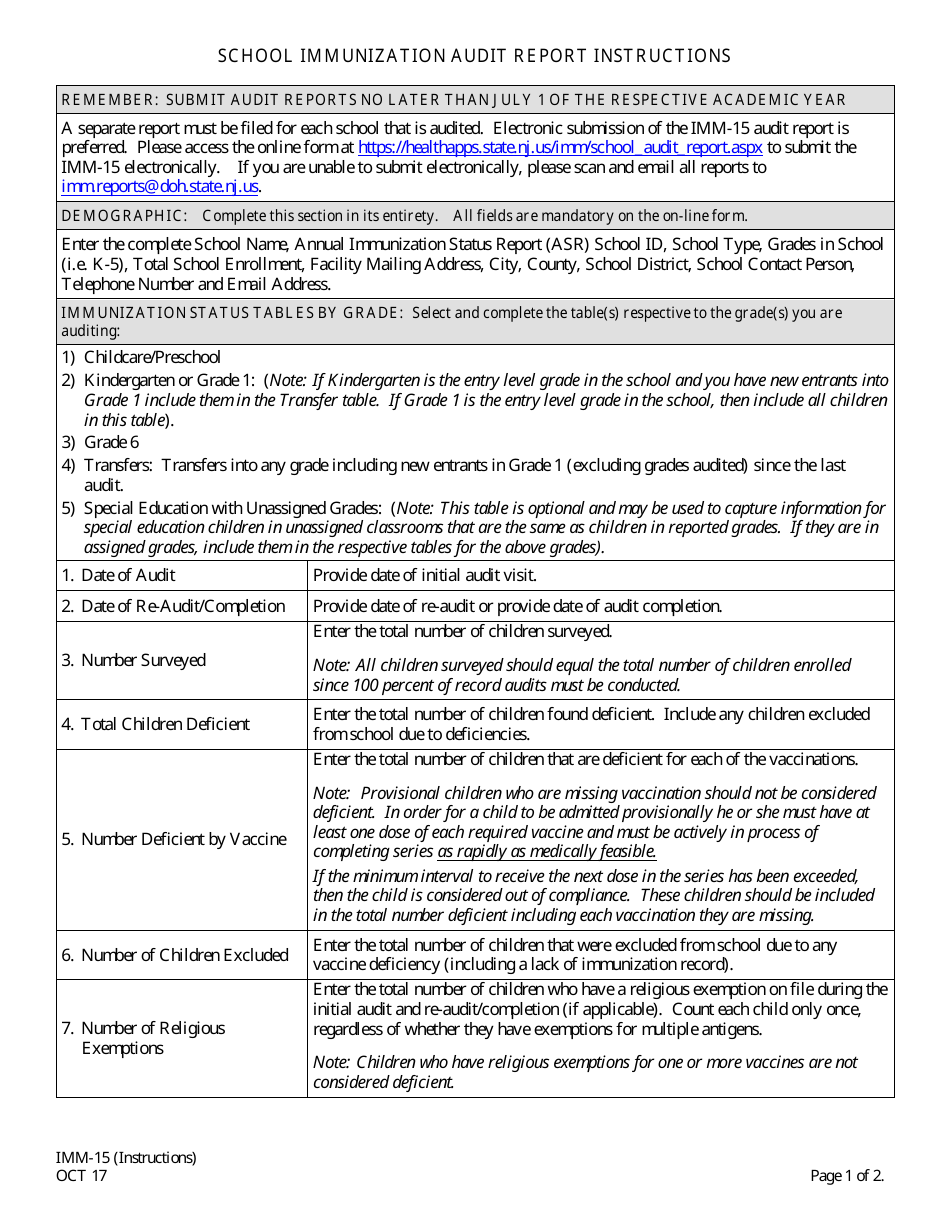 Instructions for Form IMM-15 School Immunization Audit Report - New Jersey, Page 1