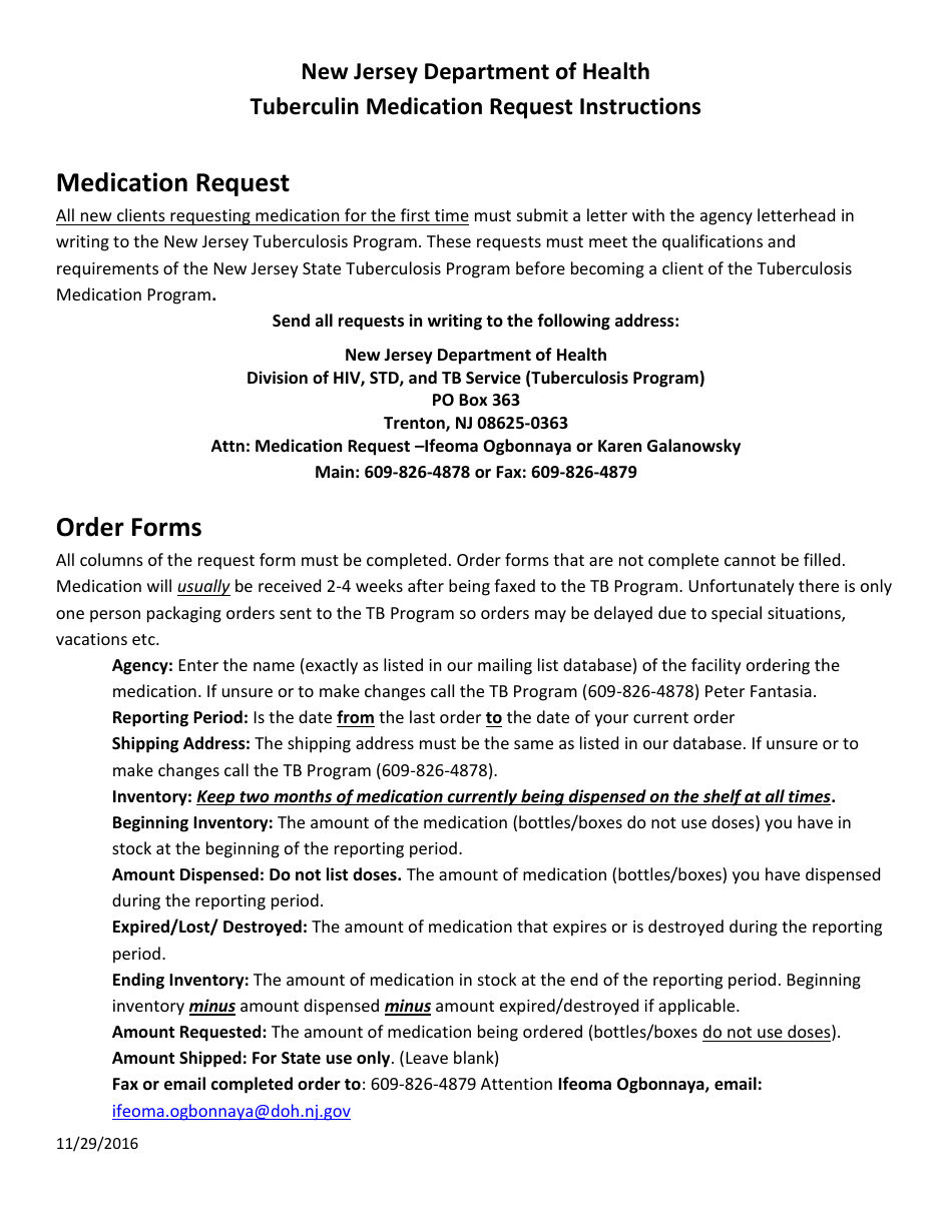 Instructions for Tuberculin Medication Request Order - New Jersey, Page 1