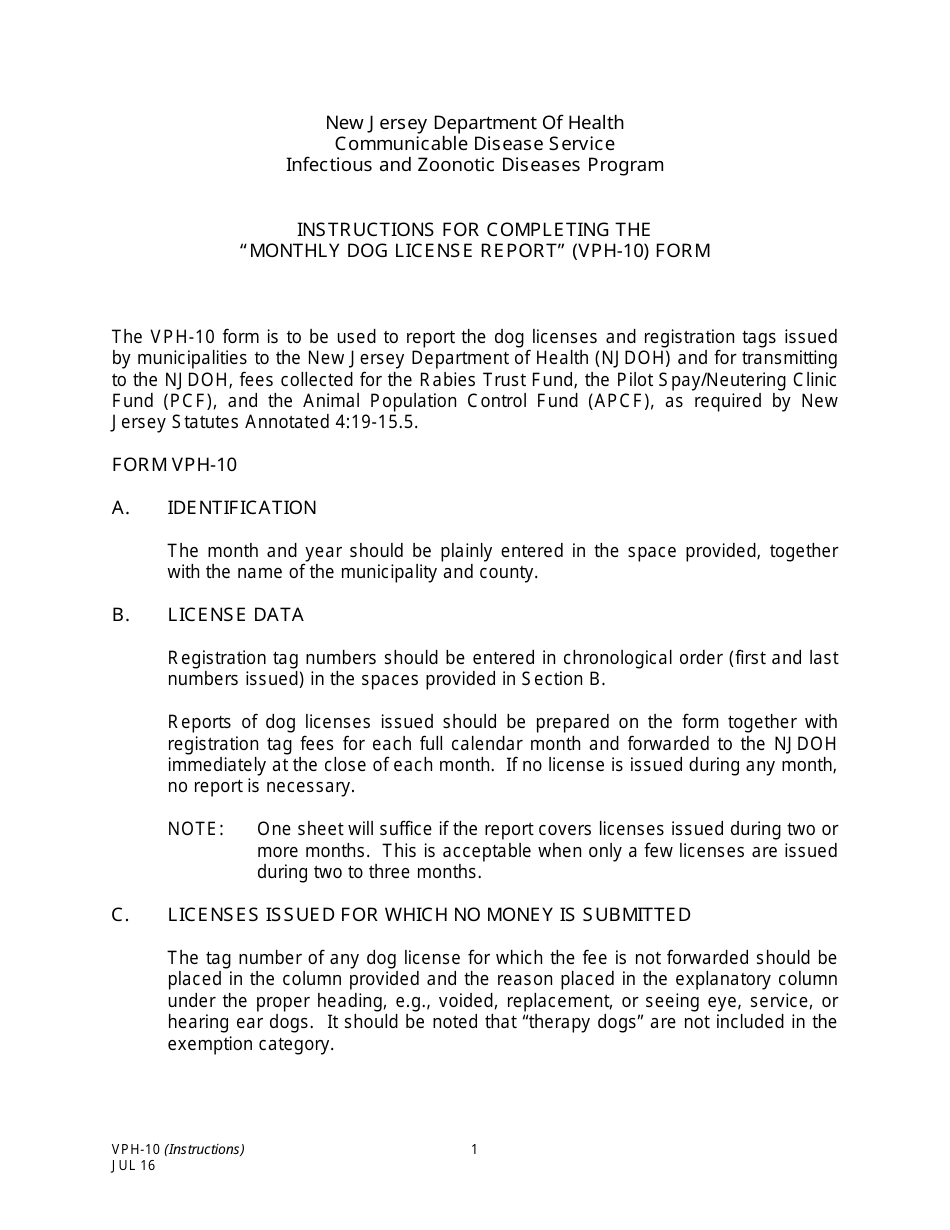 Instructions for Form VPH-10 Monthly Dog License Report - New Jersey, Page 1