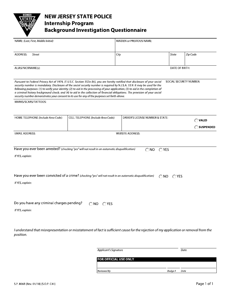 Form S.P.806B Internship Program Background Investigation Questionnaire - New Jersey, Page 1