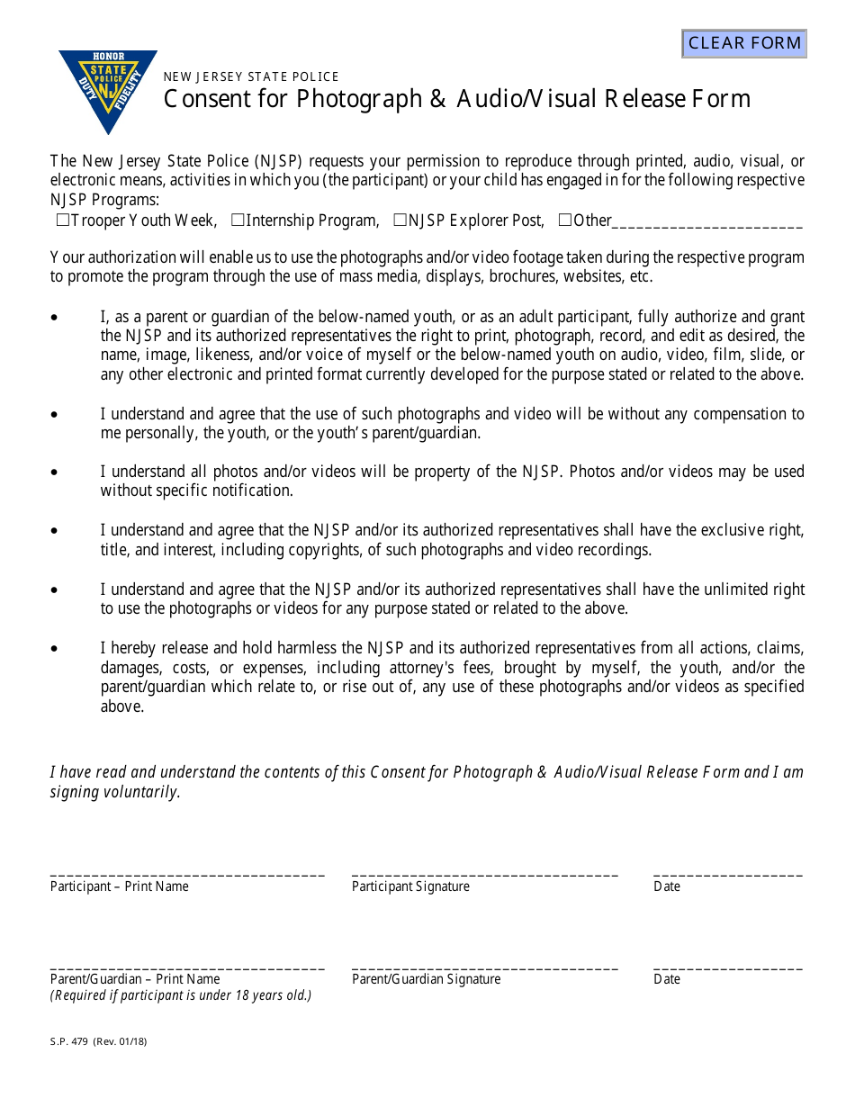 Form S.P.479 Consent for Photograph  Audio / Visual Release Form - New Jersey, Page 1