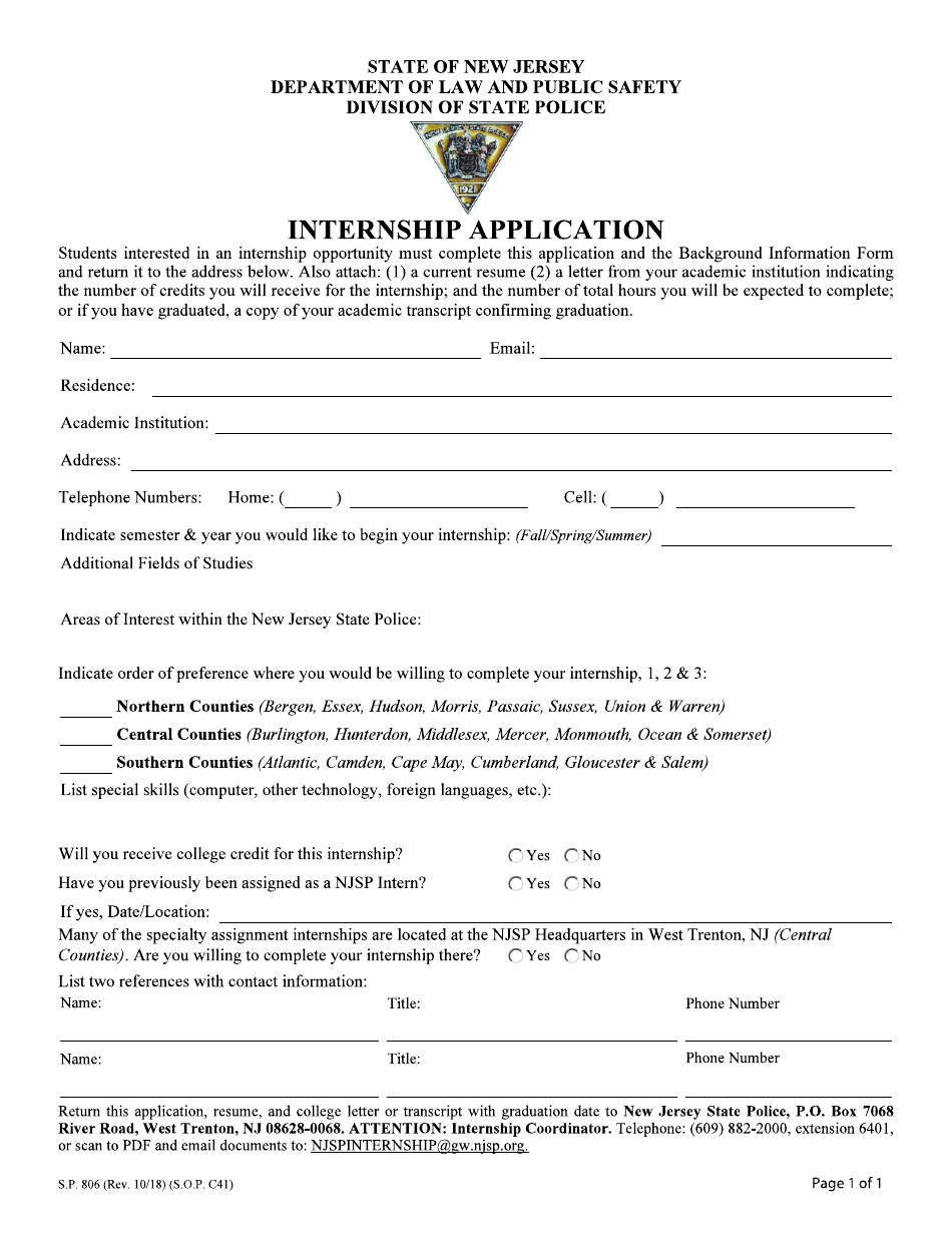 Form S.P.806 Internship Application - New Jersey, Page 1