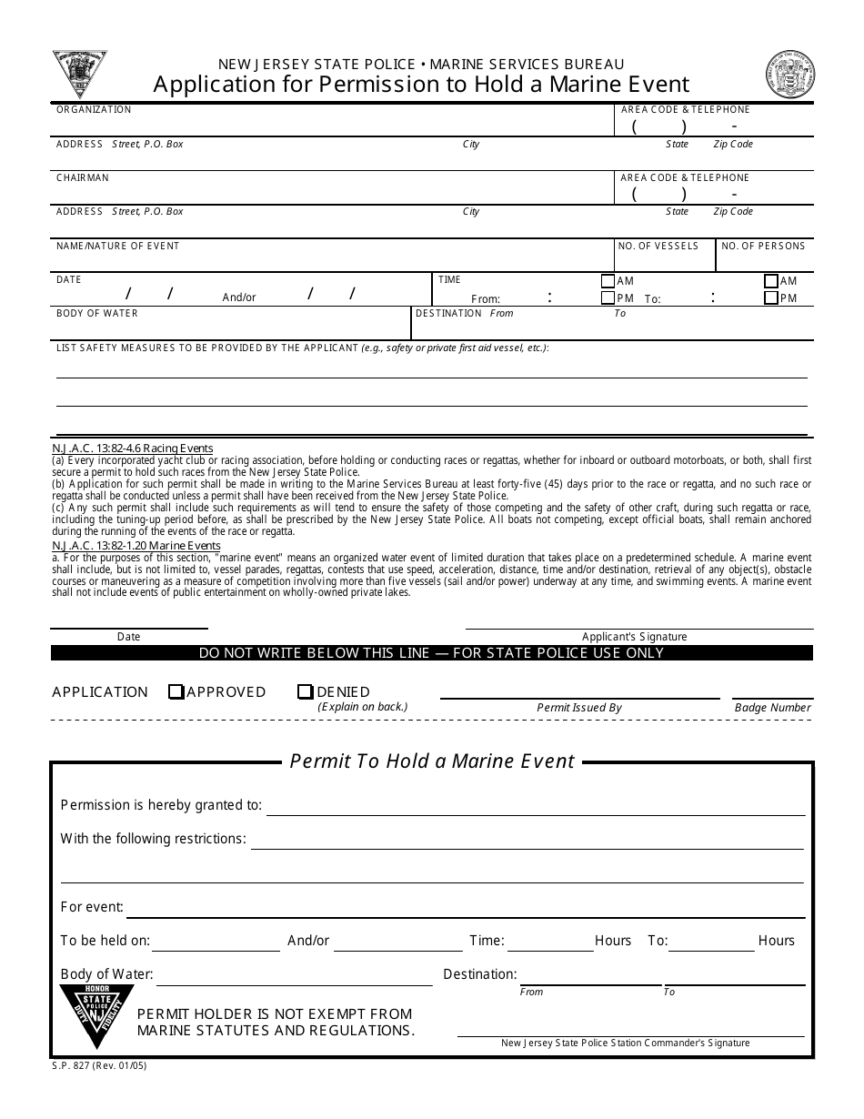 Form S.P.827 Application for Permission to Hold a Marine Event - New Jersey, Page 1