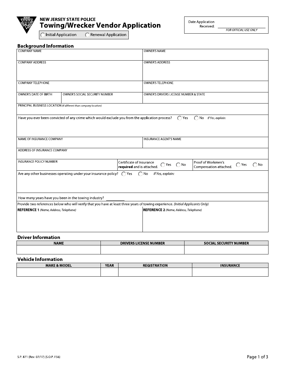 Form S.P.871 Towing / Wrecker Vendor Application - New Jersey, Page 1