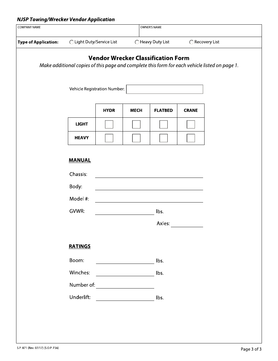 Form S.P.871 Towing / Wrecker Vendor Application - New Jersey, Page 3