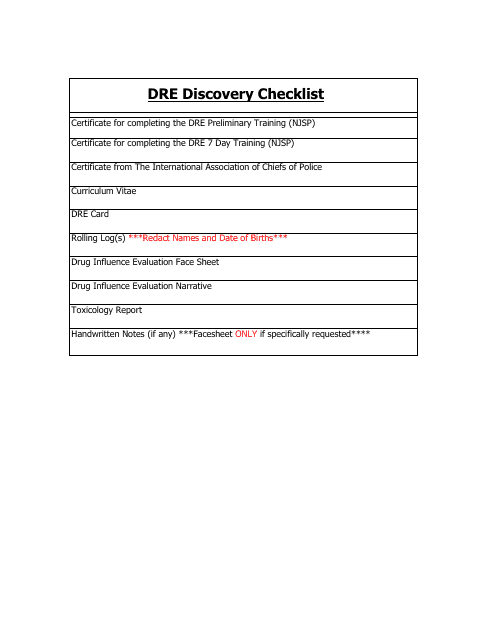 Dre Discovery Checklist - New Jersey Download Pdf
