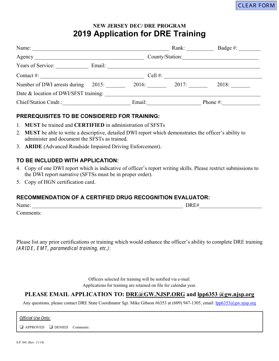 Form S.P.041 Application for Dre Training - New Jersey, Page 1