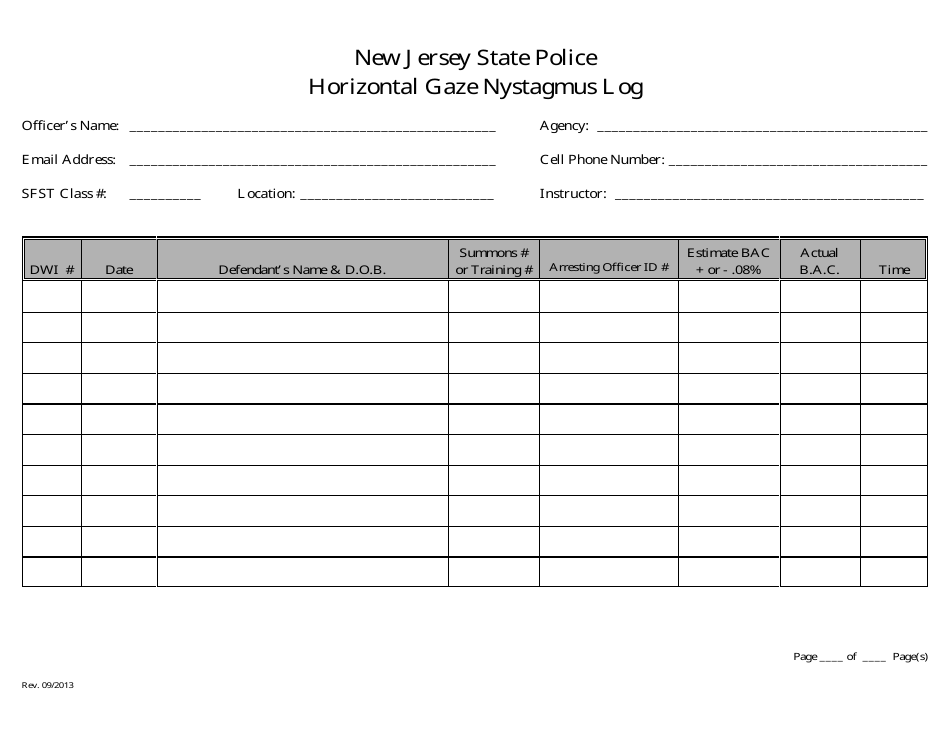 Horizontal Gaze Nystagmus Log - New Jersey, Page 1