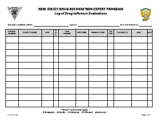 Form S.P.702 &quot;Log of Drug Influence Evaluations&quot; - New Jersey