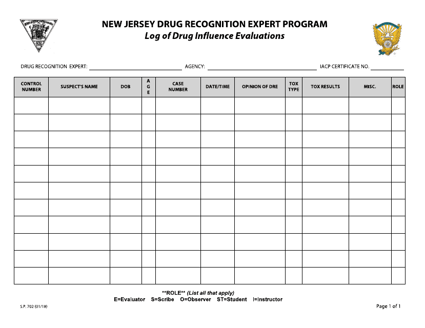 Form S.P.702 Log of Drug Influence Evaluations - New Jersey