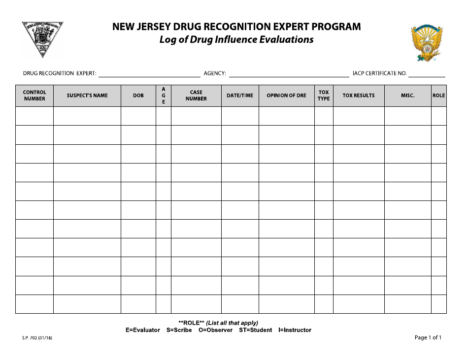Form S.P.702 Log of Drug Influence Evaluations - New Jersey, Page 1